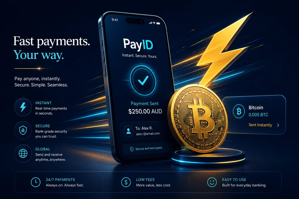 Wolf Winner Casino banking: PayID on a phone and a Bitcoin coin with a lightning bolt