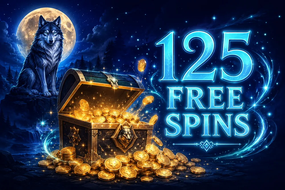 Wolf Winner Casino welcome bonus: gold coins spilling from a treasure chest with 125 free spins